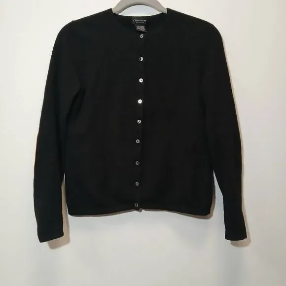 Lord Taylor womens small sweater 100% cashmere cardigan black leather patches - Picture 6 of 9